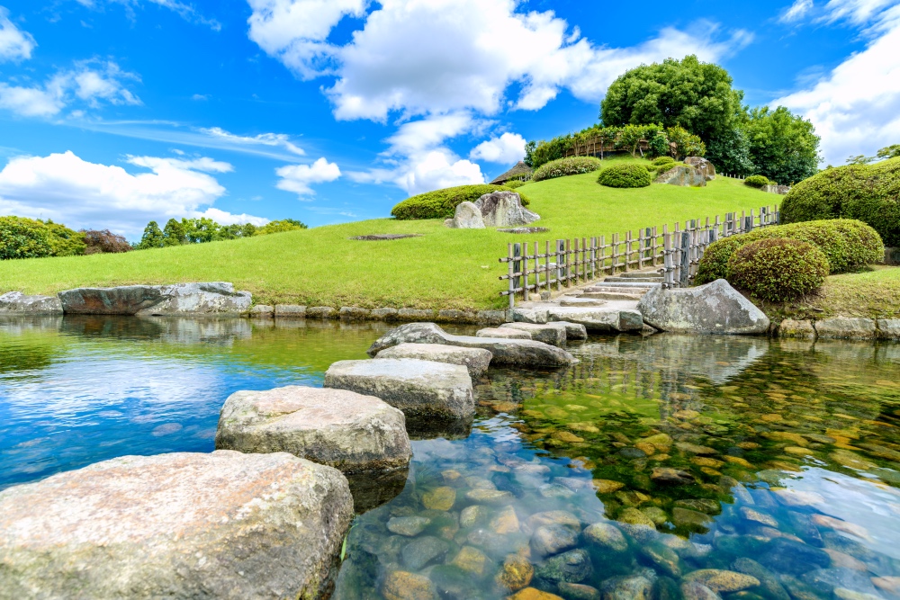 Sunny day, blue skies in a garden in Okayama