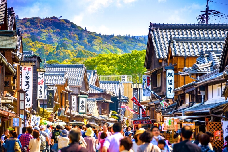 Crowded historic shopping street mie prefecture