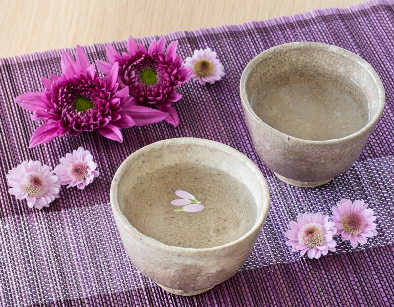 Hagi Pottery and purple flowers