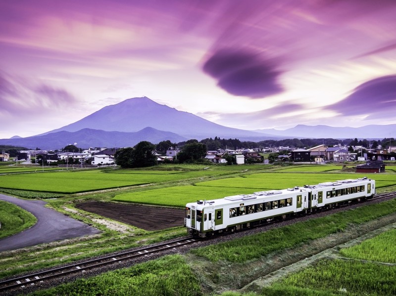 Iwate Mountain, train and fields