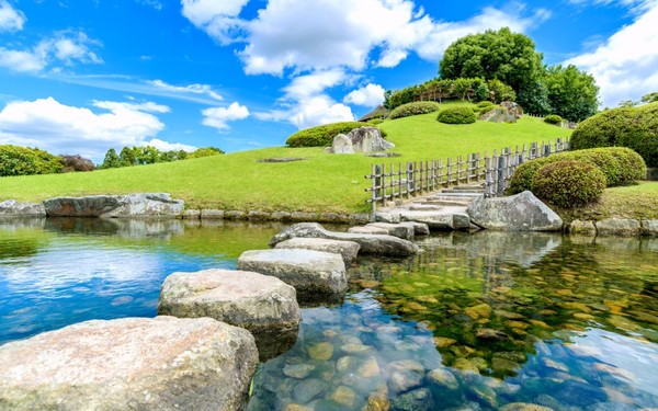 Sunny day, blue skies in a garden in Okayama